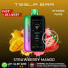 Tesla Bar vape device with strawberry mango flavor on a colorful background, featuring Vape24.ai branding.