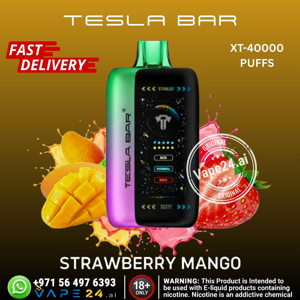 Tesla Bar vape device with strawberry mango flavor on a colorful background, featuring Vape24.ai branding.