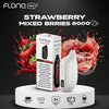 Flona vape device and packaging with strawberry flavor text on a dark background