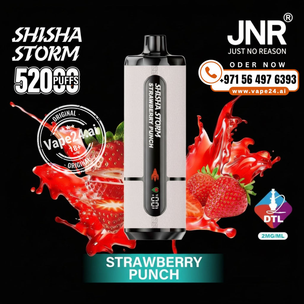 Vape device with strawberry flavor on a black background, featuring JNR branding and contact information.