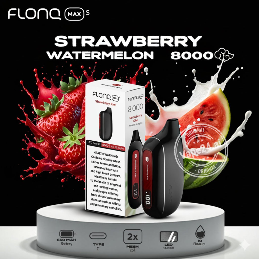 Flonq MAX S Strawberry Watermelon 8000 vape device and packaging with strawberry and watermelon graphics on a black background.