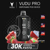 Vudu Pro disposable pod device with strawberry watermelon ice flavor on a black background
