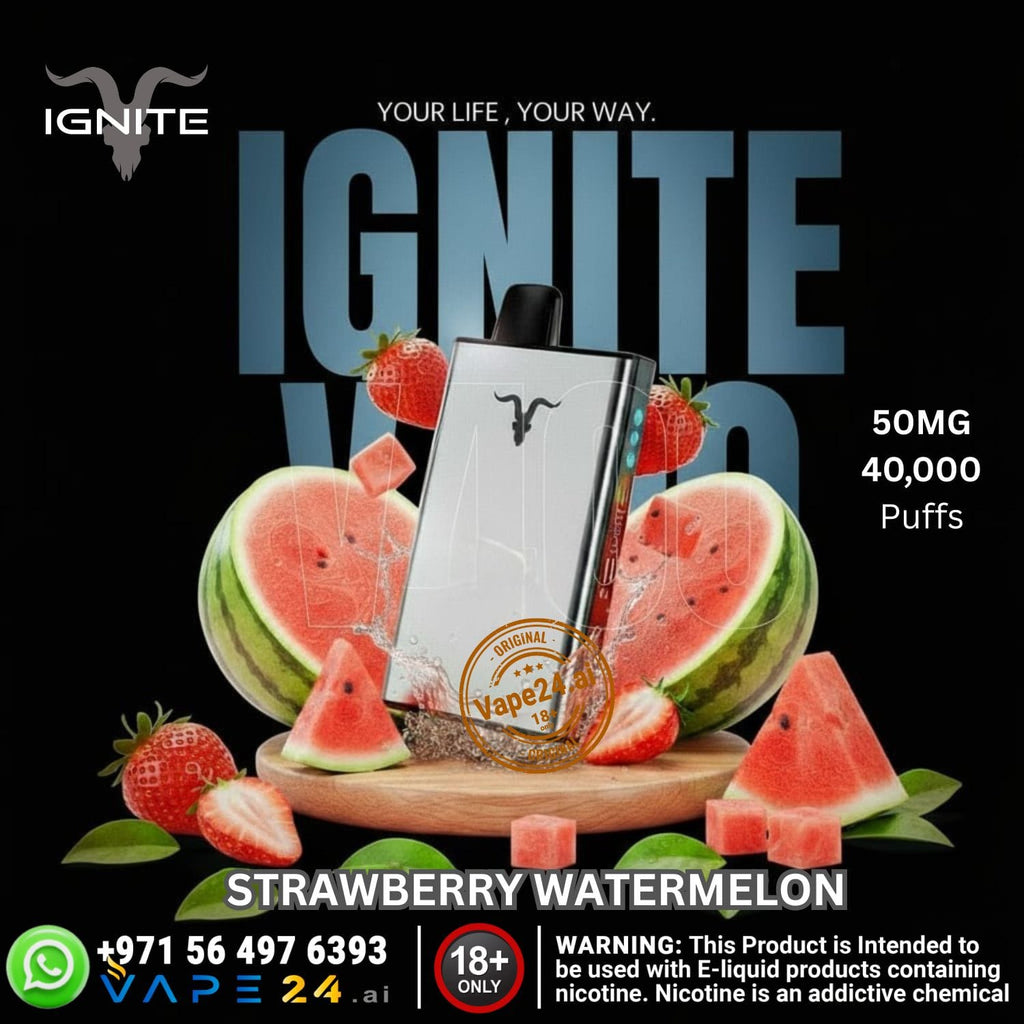 Vape device with strawberry watermelon flavor on a black background, featuring the brand 'Ignite'.