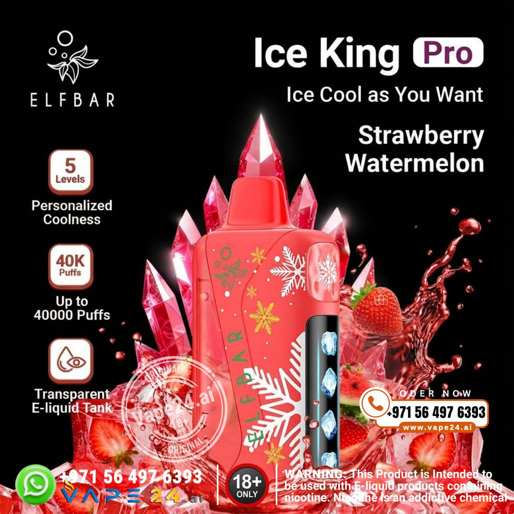 Red vape device with strawberry watermelon flavor packaging on a black background, featuring ELF BAR branding.