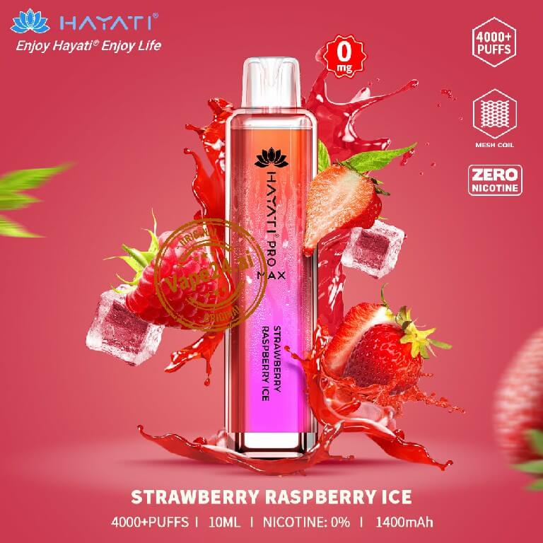 HAYATI PRO MAX Disposable Vape featuring Strawberry Raspberry Ice flavor, 4000 puffs, 0mg nicotine, 1400mAh battery.