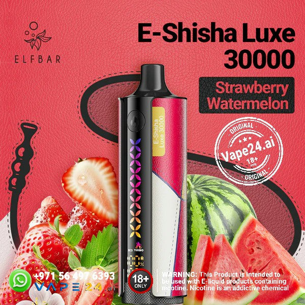Elf Bar E-Shisha Luxe 30000 Puffs Strawberry Watermelon flavor with vibrant fruit background.