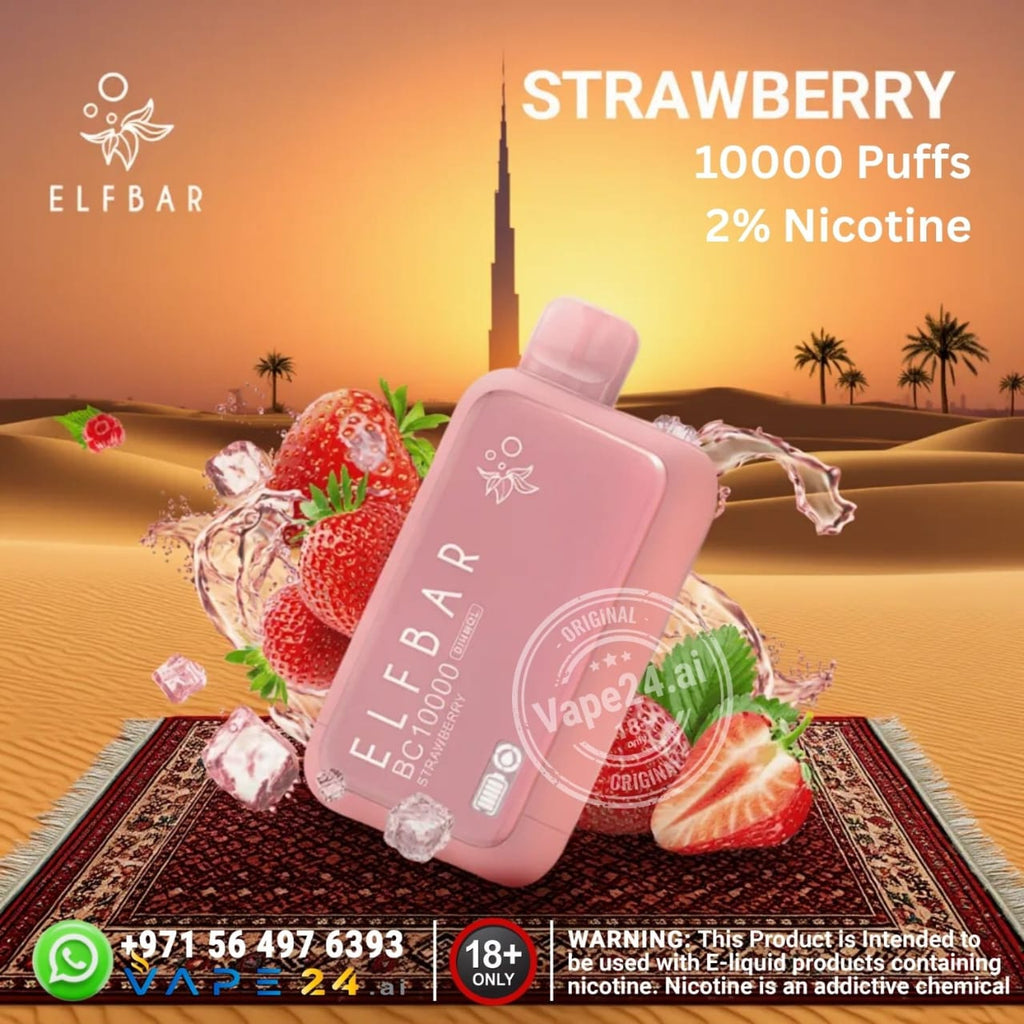  ELF BAR BC 10k 20mg vape device with strawberry flavor and desert background