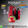 Promotional image of a Pod Salt vape device and packaging with strawberry flavor, featuring text about puffs and nicotine content.