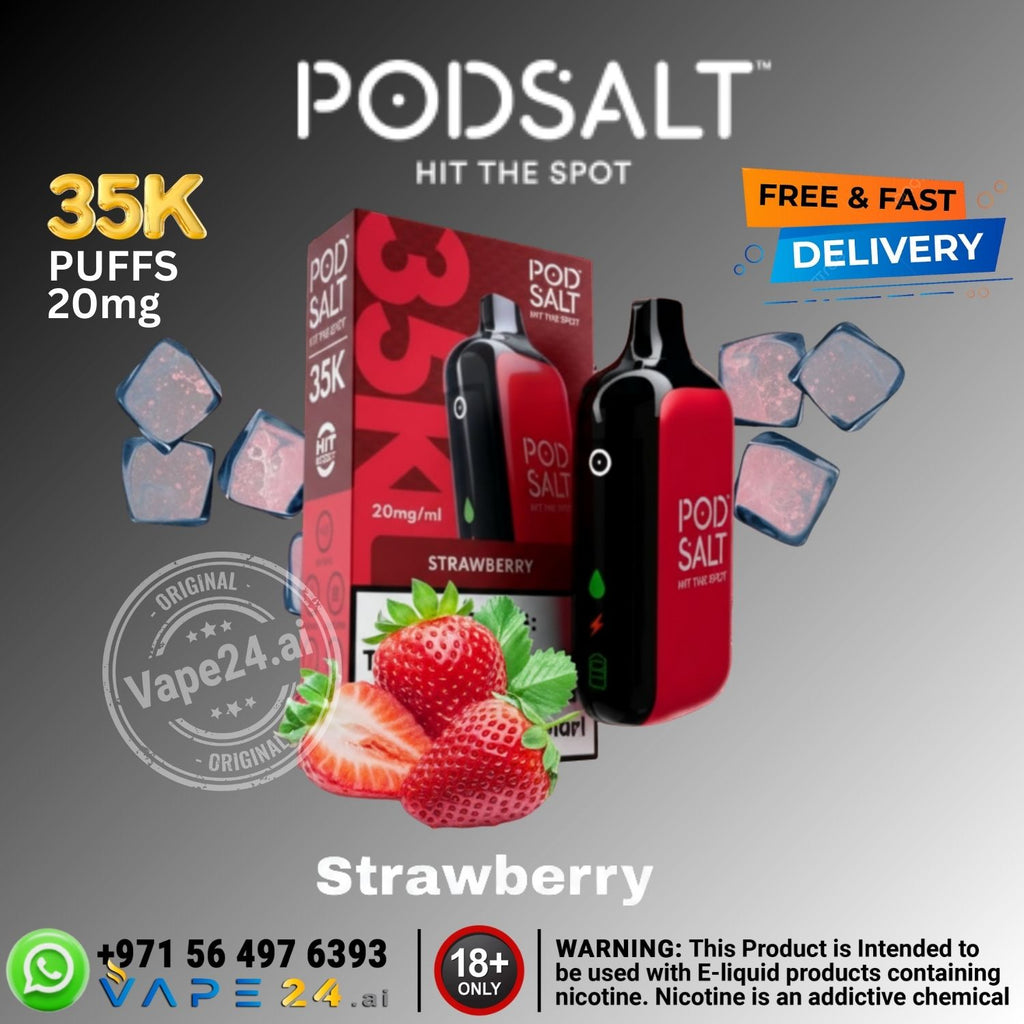 Promotional image of a Pod Salt vape device and packaging with strawberry flavor, featuring text about puffs and nicotine content.