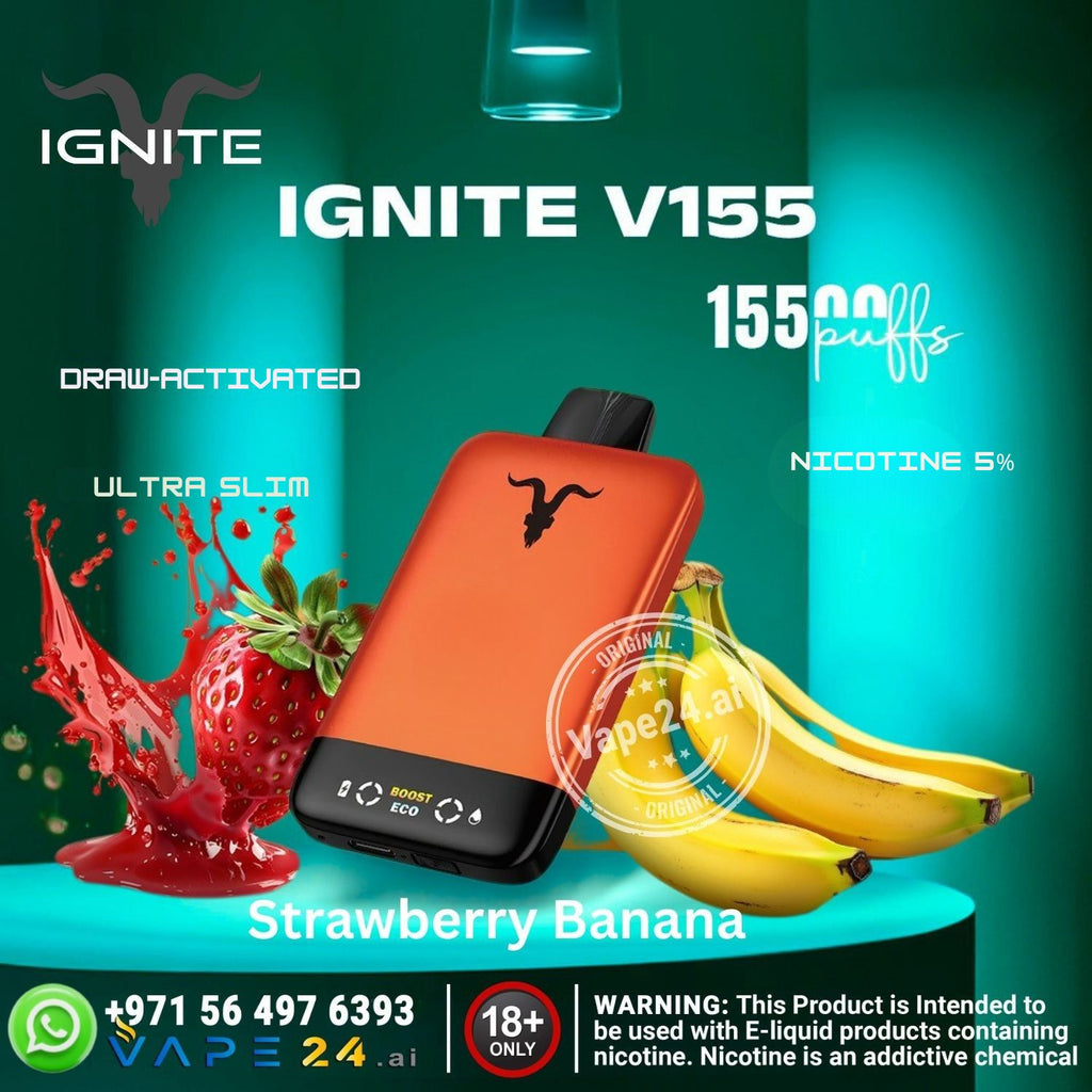 Orange vape device with strawberry and banana graphics on a teal background, featuring the brand 'IGNITE'.