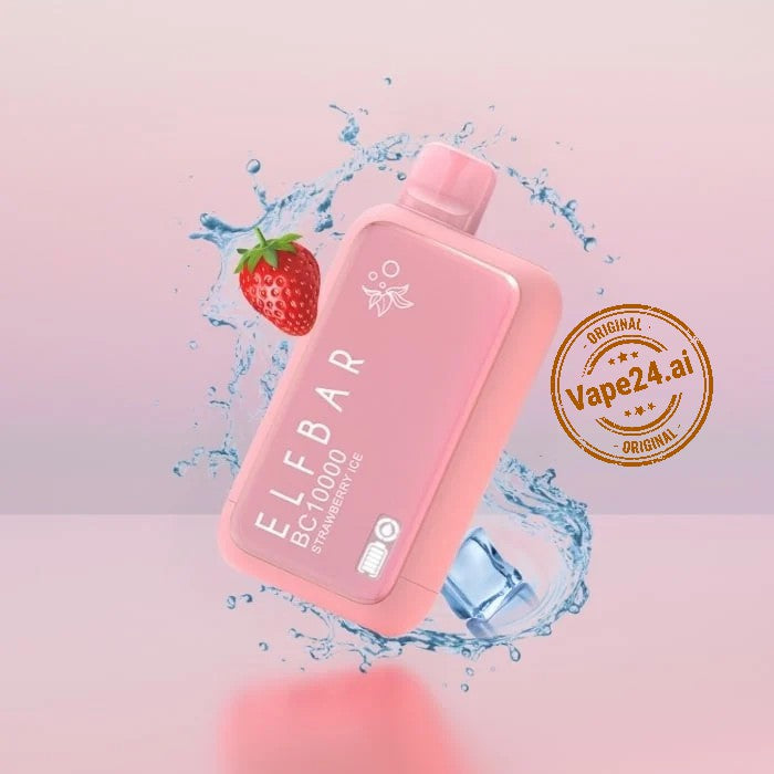 Pink ELF BAR BC 10000 Puffs Disposable Vape with strawberry flavor and Vape24.ai branding on a splash background