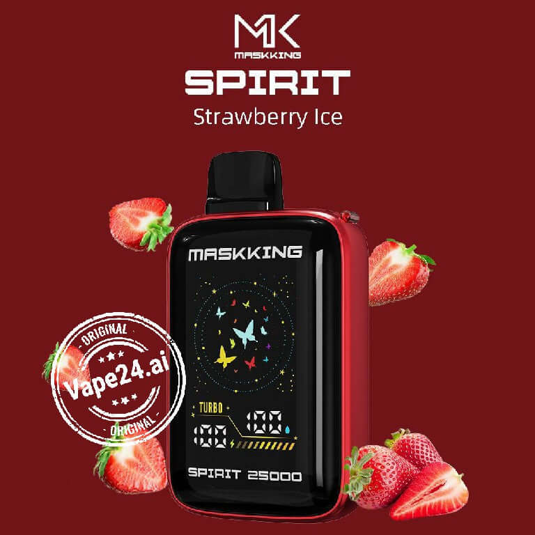 MASKKING SPIRIT 25000 Strawberry Ice disposable vape surrounded by fresh strawberries on a red background.