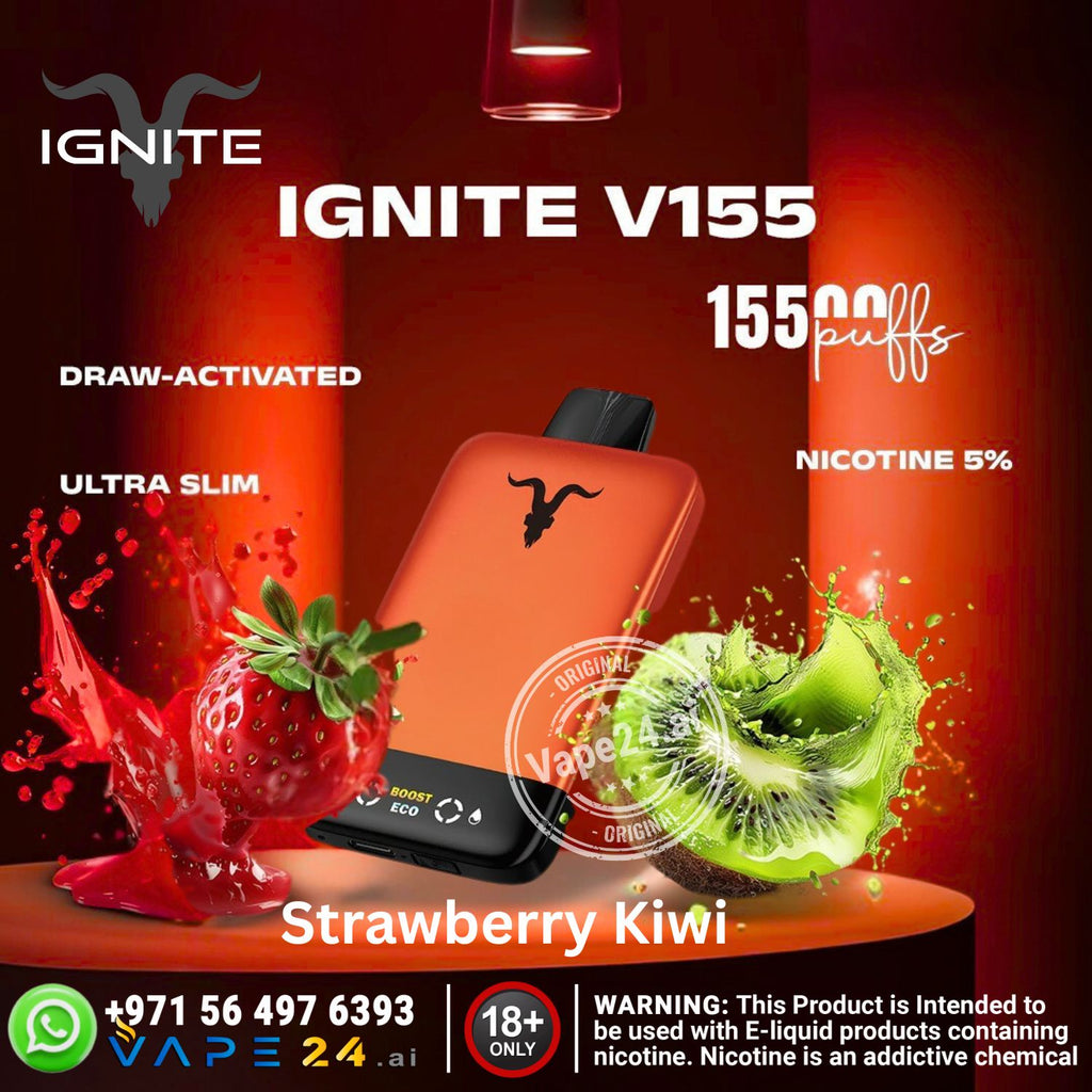 Vape device with strawberry and kiwi graphics on a red background, featuring the brand 'IGNITE'.