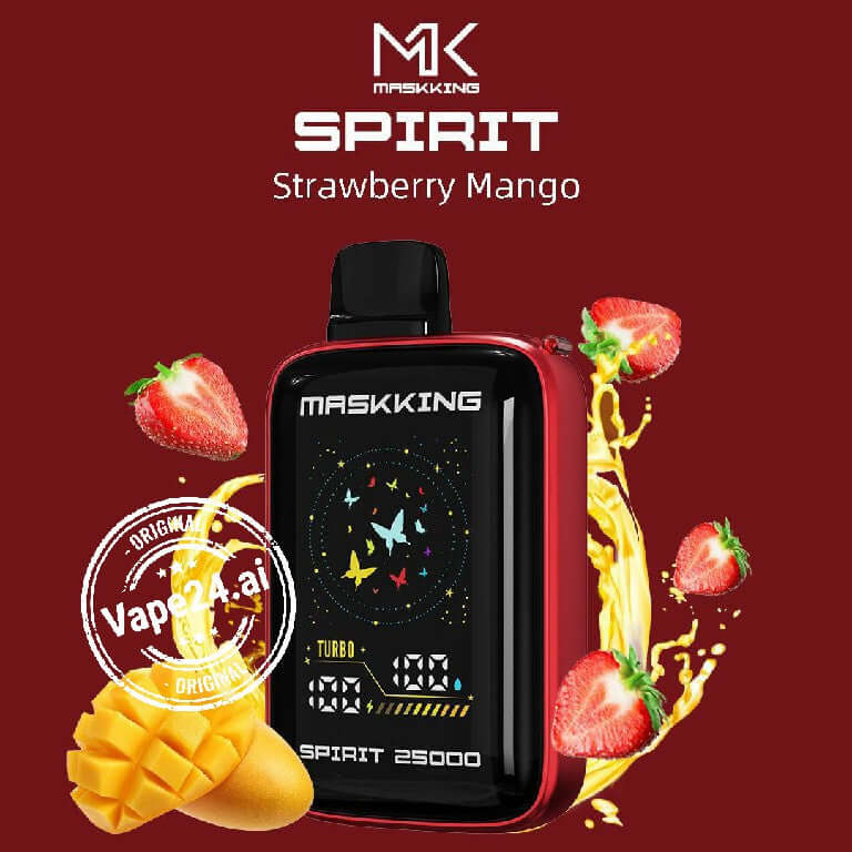 MASKKING SPIRIT 25000 Puffs Disposable Vape in Strawberry Mango flavor with strawberries and mango on a red background.