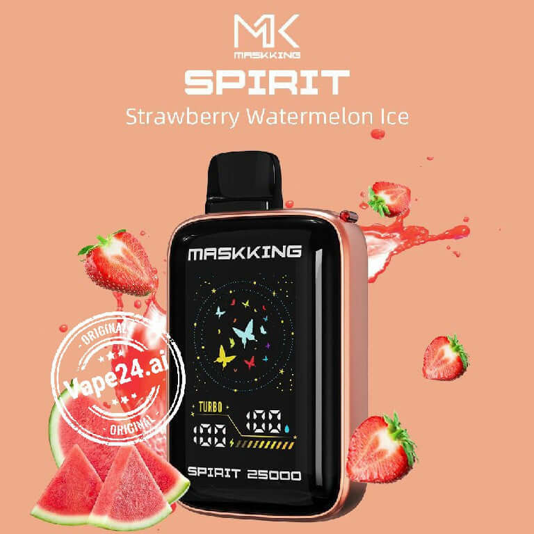 MASKKING SPIRIT 25000 disposable vape in Strawberry Watermelon Ice flavor with fruits and digital display.