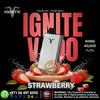 Advertisement for IGNITE Vape with strawberry flavor and product details on a black background
