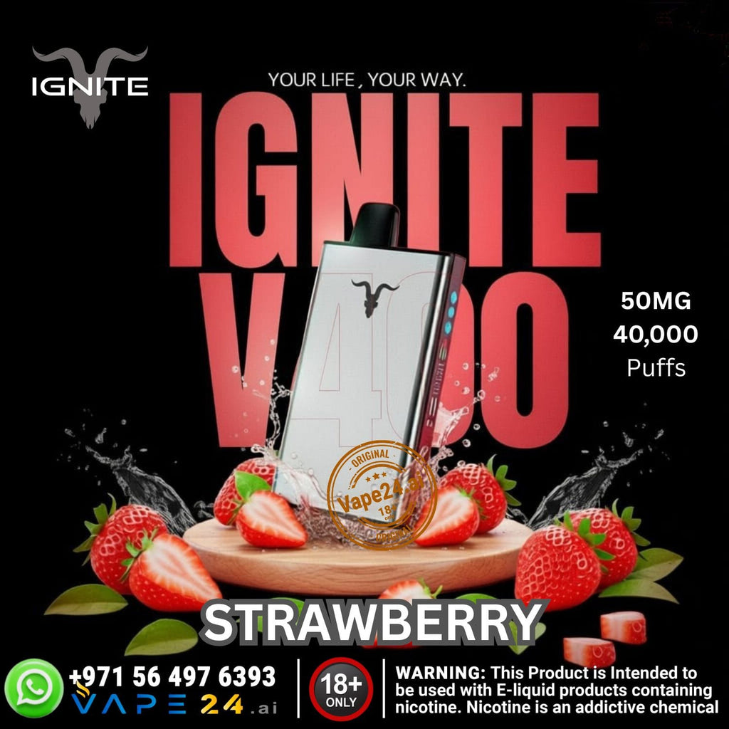 Advertisement for IGNITE Vape with strawberry flavor and product details on a black background