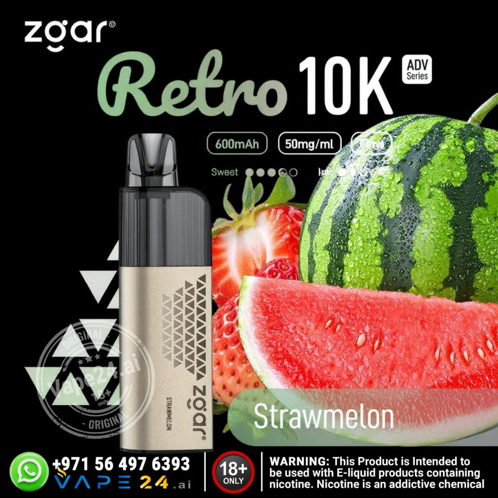 Zgar Retro 10K vape device with watermelon and strawberry graphics on a black background