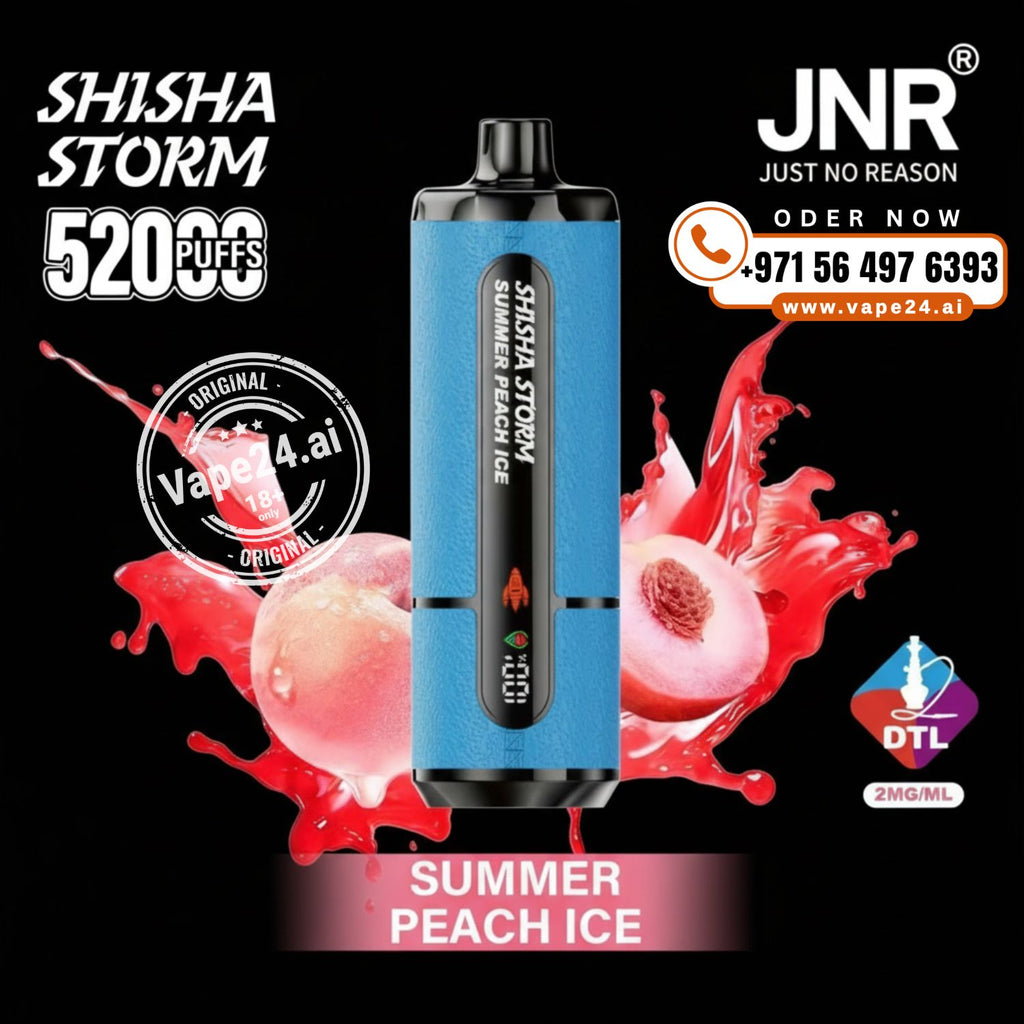 JNR Vape device with 'Summer Peach Ice' flavor on a black background, featuring branding and contact information.