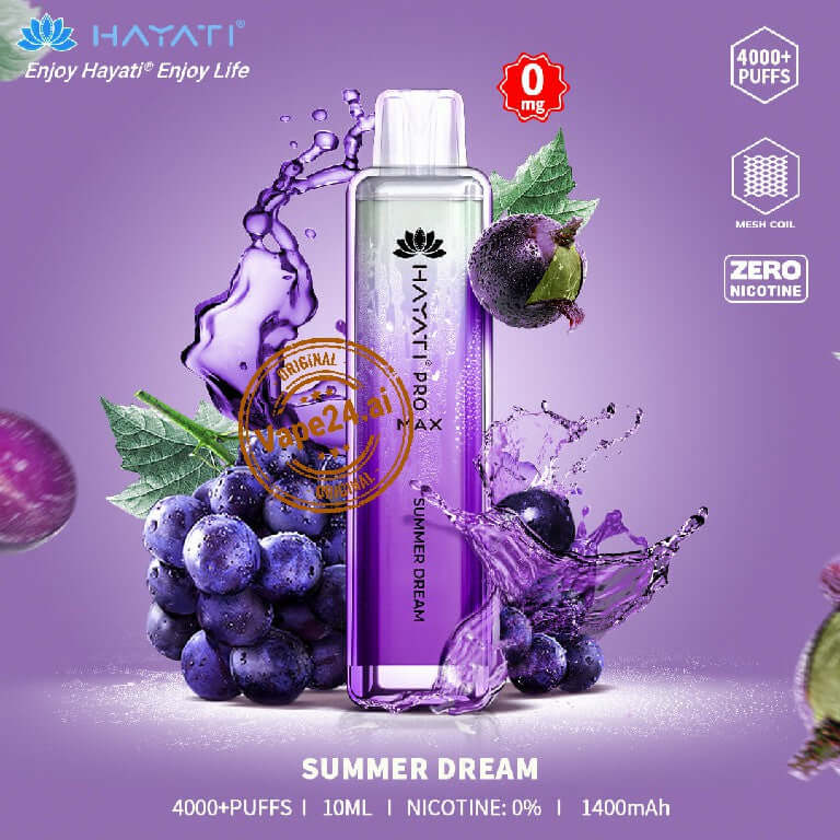 HAYATI PRO MAX Summer Dream Disposable Vape with 4000 puffs and 0mg nicotine, featuring a sleek design and vibrant fruit imagery.