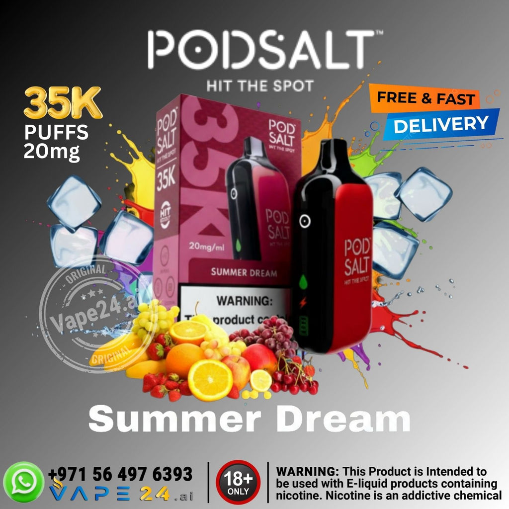 Advertisement for Pod Salt vape devices with colorful graphics and product packaging.