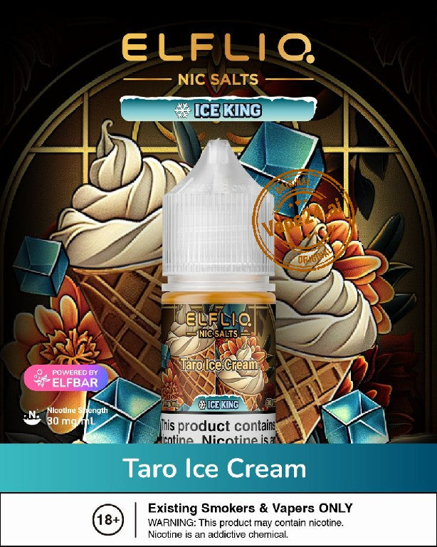 Elfliq Taro Ice Cream vape juice packaging with decorative elements and branding.