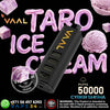 Vape device with 'VAAL' branding surrounded by taro ice cream-themed graphics on a black background.