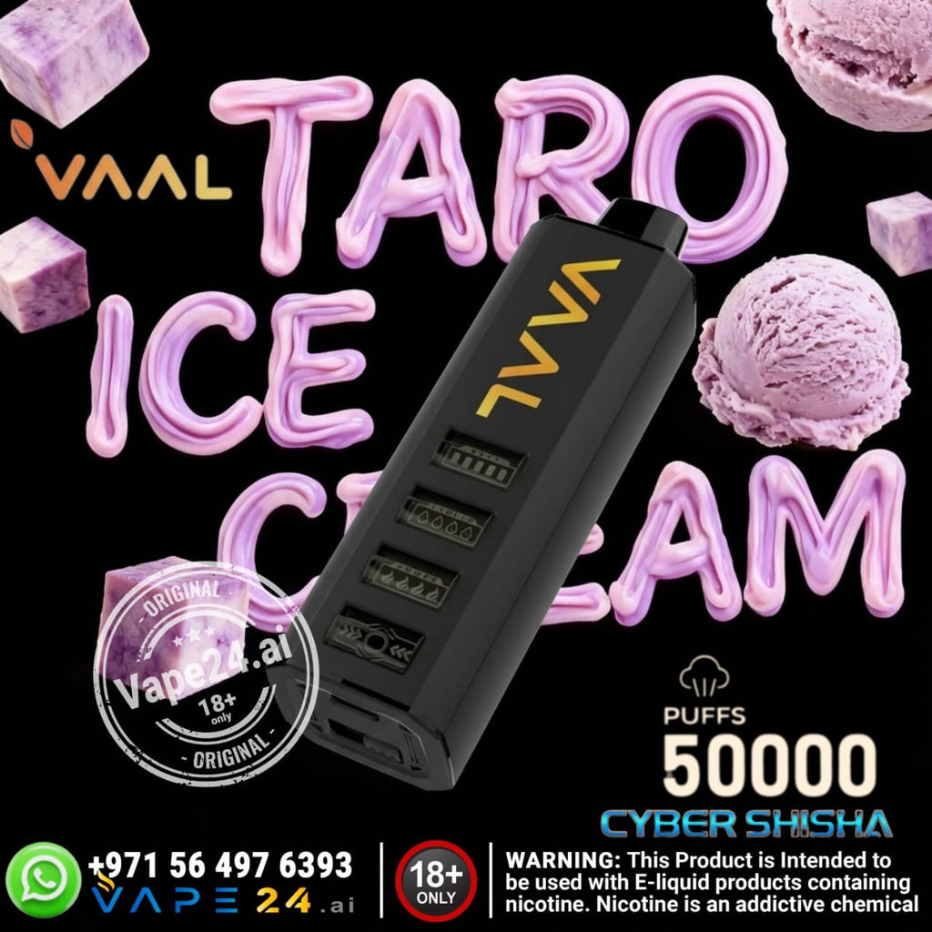 Vape device with 'VAAL' branding surrounded by taro ice cream-themed graphics on a black background.