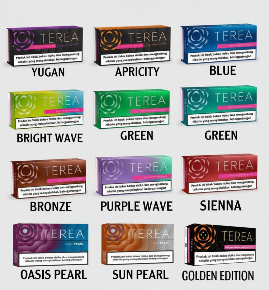 Various colored boxes of Terea with names listed below each.