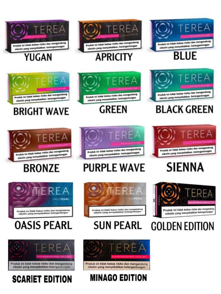 Various colored boxes of Terea with names listed below each.