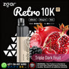 Zgar Retro 10K vape device with pomegranate, cherry, and dark fruit graphics on a black background.