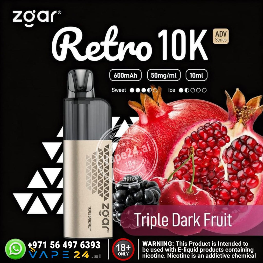 Zgar Retro 10K vape device with pomegranate, cherry, and dark fruit graphics on a black background.