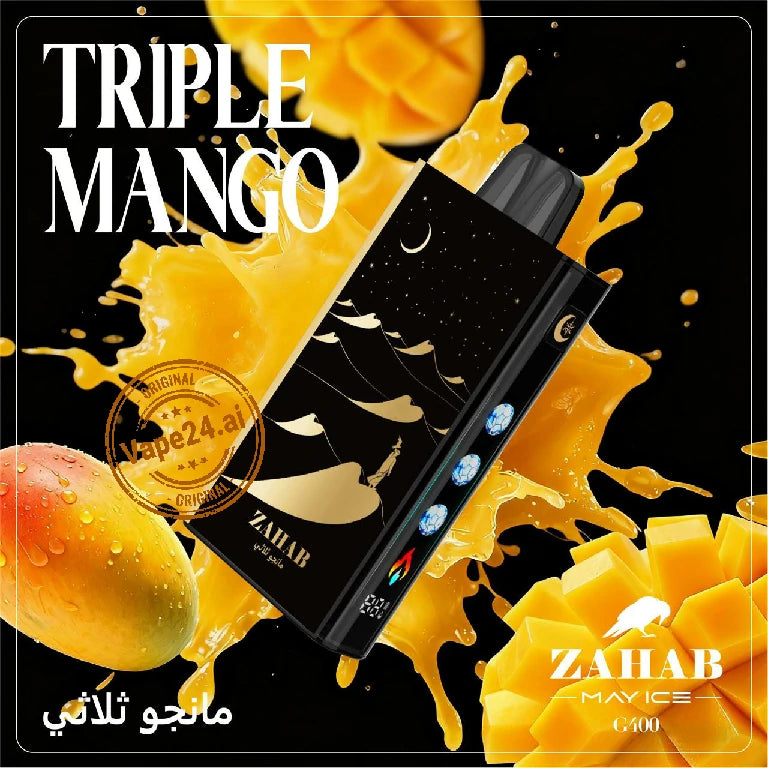 Zahab vape device with mango flavor on a black background
