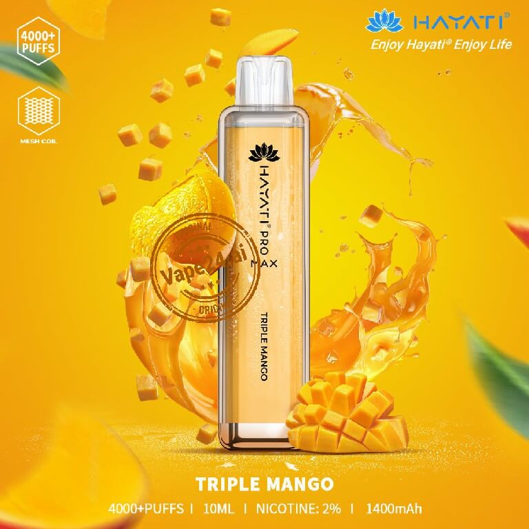 HAYATI PRO MAX Triple Mango Disposable Vape, 4000 puffs, 2% nicotine, 1400mAh battery for an optimal vaping experience.