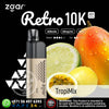 Zgar Retro 10K vaping device with fruit imagery and product details on a black background