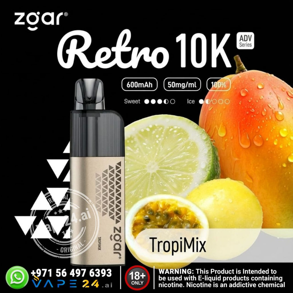 Zgar Retro 10K vaping device with fruit imagery and product details on a black background