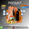 Promotional image of Pod Salt vape devices with fruit graphics and branding elements.