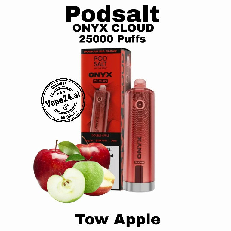 Podsalt ONYX Cloud vape device and packaging with apples on a white background