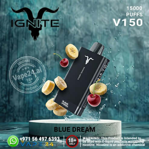 IGNITE V150 Disposable Vape 15000 Puffs – 20mg & 50mg UAE Flavors: Cherry Banana