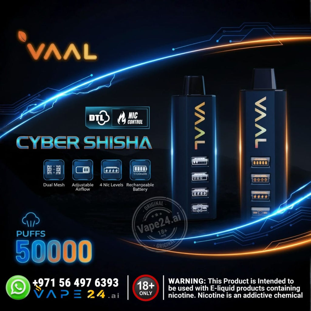 VAAL Cyber Shisha vape device with branding and product features on a dark background