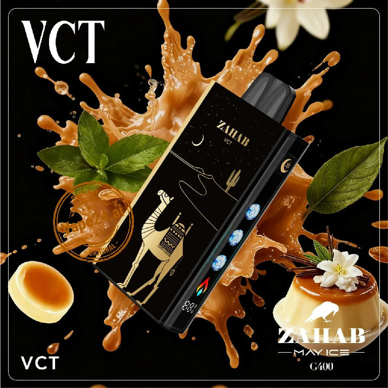 Zahab vape device with ice cream and mint elements on a black background