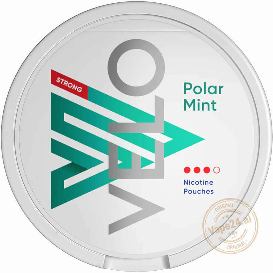 VELO Polar Mint Nicotine Pouches tin, strong flavor, ideal for a convenient nicotine experience.