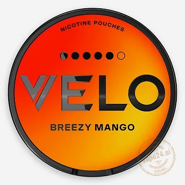 VELO Breezy Mango nicotine pouches packaging, vibrant mango flavor, available for instant delivery in Dubai.