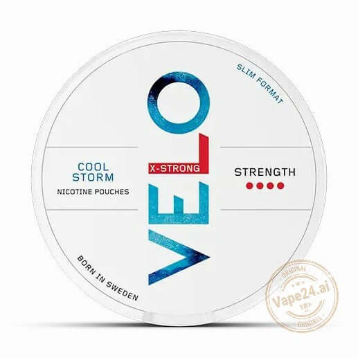 VELO Nicotine Pouches in Cool Storm flavor, X-Strong strength, slim format, perfect for discreet nicotine use.