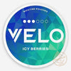 VELO Icy Berries nicotine pouches packaging with blue and green geometric design.