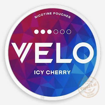 VELO Icy Cherry nicotine pouches packaging with colorful geometric design.