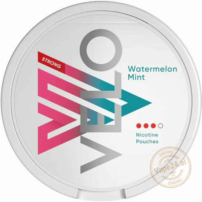 VELO Watermelon Mint Nicotine Pouches with strong flavor in circular tin packaging.