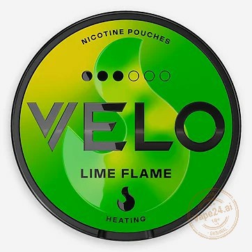 VELO Nicotine Pouches Lime Flame packaging, vibrant green design, nicotine fix without smoking.