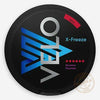 VELO X-Freeze nicotine pouches packaging featuring a sleek black design with blue graphics.