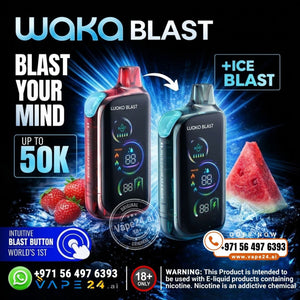 Advertisement for Waka Blast vape devices with branding and product details.